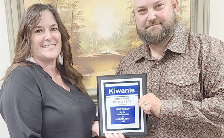 KIWANIAN OF THE YEAR— The Perryton Kiwanis Club recognized Nikki Green as their Kiwanian of the Year for 2023 during their annual banquet last Tuesday evening. Pictured are, from left, Green and Kiwanis president Chase Allison.