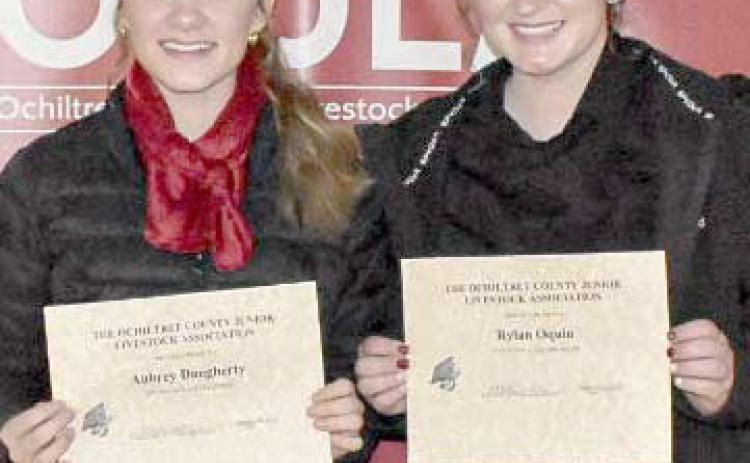 Two students were awarded scholarships during the Ochiltree County Junior Livestock Show and Sale on Jan. 17-18. Pictured are, from left, Aubrey Daugherty and Rylan Oquin. ( Photo credit: Morgan Dudley)