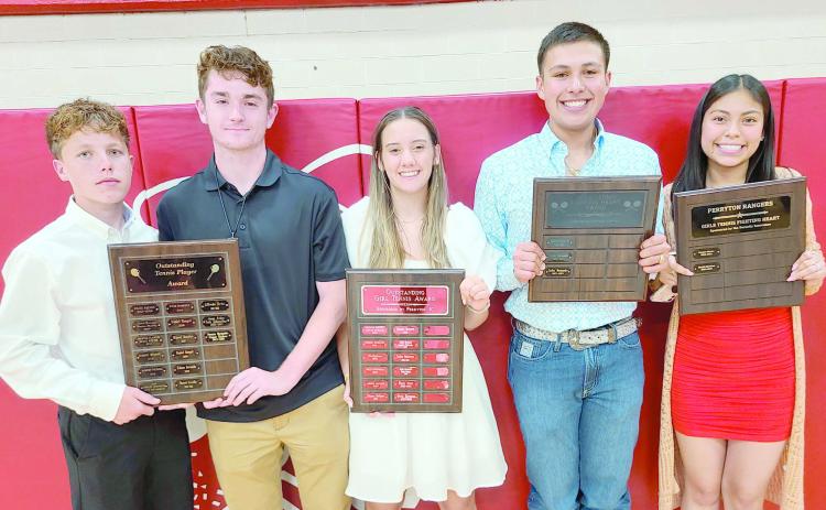 Perryton High School’s tennis teams were honored on May 6 at the Perryton High School All Sports Awards Banquet. Pictured are, from left, Preston Hernandez and Conner Kitchens, who shared the Outstanding Boys Tennis Player award; Olivia Eisenman, winner of the girls’ Outstanding Tennis Player award; Carlos Hernandez, who took home the boys’ Fighting Heart award; and Mariel Martinez, the recipient of the girls’ Fighting Heart award.