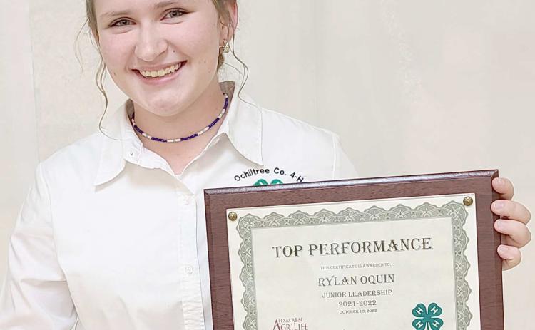 JUNIOR LEADERSHIP AWARD WINNER— Ochiltree County 4-H held its annual awards ceremony Oct. 10 at the Expo Center. Rylan Oquin was the recipient of the Junior Leadership Award, presented by North Plains Electric Cooperative. Oquin has been a club president, club reporter, County Ambassador, awards committee member, and meat goat project leader while in 4-H. The Senior Leadership Award was given to Chloe Tanner, who was not present.