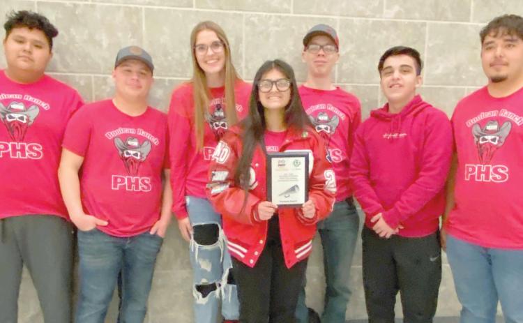 REGIONAL WINNERS—The Perryton High School Ranger Robotics Team won the first place trophy Promo Award at the Regional First Tech Challenge Meet. The team was also named the regional third place winner of the First Tech Challenge Think Award. Team members left to right are Elias Becerril, Jaden Rodriguez, Isabella Hansen, Araseli Llamas. Kaye Temple, Andy Montes and Emanuel Granillo.