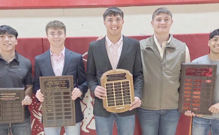 Perryton High School’s football team was recognized on Monday evening at the Perryton High School All Sports Awards Banquet. Pictured are, from left: Javier Martinez, Best Defensive Player; Cooper Schilling, Best Offensive Player; Avaun Garcia Best Football Lineman; and Dane Staggs and Noel Venegas, who received the Pete Peterson Award.