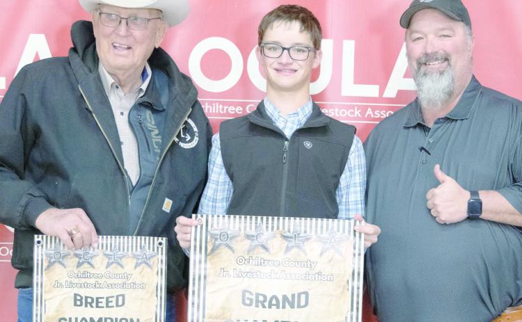This year’s Grand Champion Steer at the Ochiltree County Junior Livestock Show and Sale on Jan. 16-17 was awarded to Jake Schickedanz. The animal was purchased by Chris Smith Wealth Management and Ag Ingenuity. Pictured are, from left, Larry Schickedanz, Jake Schickedanz, and Jason Schickedanz. (Photo credit: Hailey Clark of Hailey Renee Photography)