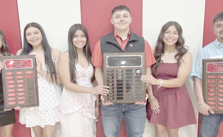 Perryton High School’s powerlifting teams were recognized at the All Sports Awards Banquet on May 4 at the high school. Pictured are, from left, Crystal Anaya and Nevaeh Martinez, who were named the girls team’s Outstanding Powerlifters; Doris Navarrete, Abel Lucero, and Ivay Hernandez, who received the Fighting Heart awards; and Angel Flores, the boys team’s Outstanding Powerlifter.