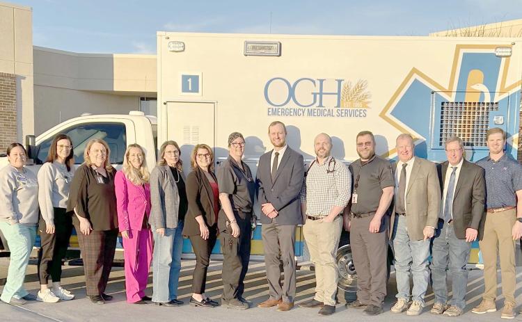 OGH WELCOMES NEW AMBULANCE—Members of the Ochiltree County Hospital District’s board of directors and the administration at Ochiltree General Hospital were on hand recently for the unveiling of a new ambulance and the new ambulance design. Pictured are, from left, CEO Kelly Judice, Assistant Chief Nursing Officer Kevelin Certantes, Chief Nursing Officer Lupe Cervantes, Chief Financial Officer Debbie Beck, Brooke Campbell, Lori Dollar, Steph Tarvin, Emily Flores, Dr. Tyler Kirklin, Dr. Blake DeWitt, Jeff Min