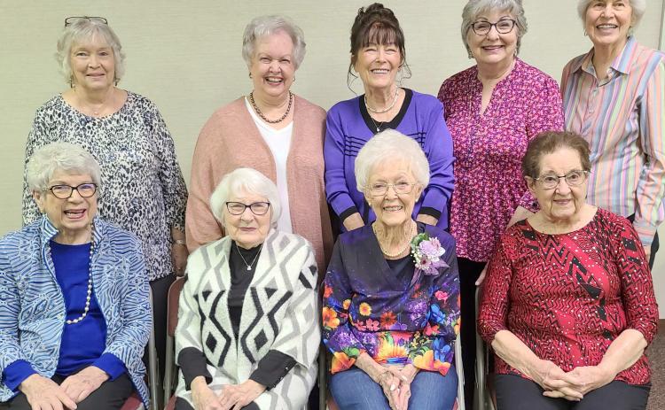 JENNIE JUNES PAST PRESIDENTS— The Jennie June Club celebrated its 75th anniversary on March 13 with a luncheon and special program. Nine past presidents of the club attended the event. Pictured are, first row, from left, Connie Allen, Evelyn Barnett, Phyllis Price (also the only remaining charter member) and Cavita Kile; and second row, Darless Bishop, Carol McGarraugh, Penny Clark, Debby Schollenbarger and Kara Malaney.