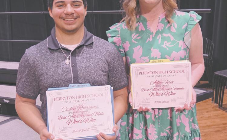 BEST ALL AROUND SENIORS In addition to the announcements of multiple local scholarships, the annual awards ceremony on Tuesday, May 13, included the announcement of this year’s Best All Around in the Class of 2025. They are, from left, Caden Rodriguez and Adlee Felix.