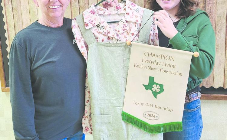 Rylan Oquin will compete at the 4-H Family and Consumer Science National Championship and Conference this month in San Antonio. The six-year 4-H student will compete in the national invitational competition in the Fashion Review category using the jumper and blouse she created for the state 4-H contest. Pictured are, from left, Ochiltree County Texas A&amp;M Agrilife Extension Secretary Ruth Ann Splan and Oquin.
