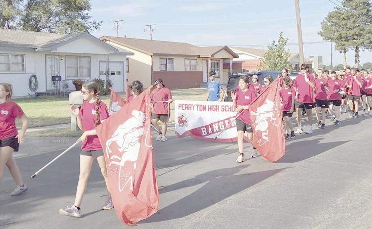 The Pride of Perryton Ranger Band held a March-a-Thon Aug. 29. as they took a three-mile march from the high school, to Williams Intermediate, over to Stark Park, across to Perryton Junior High School, and then back to PHS. The event helps raise funds for the band’s spring trip, helps offset the costs of this year’s marching show, and gets band members a little more marching practice.