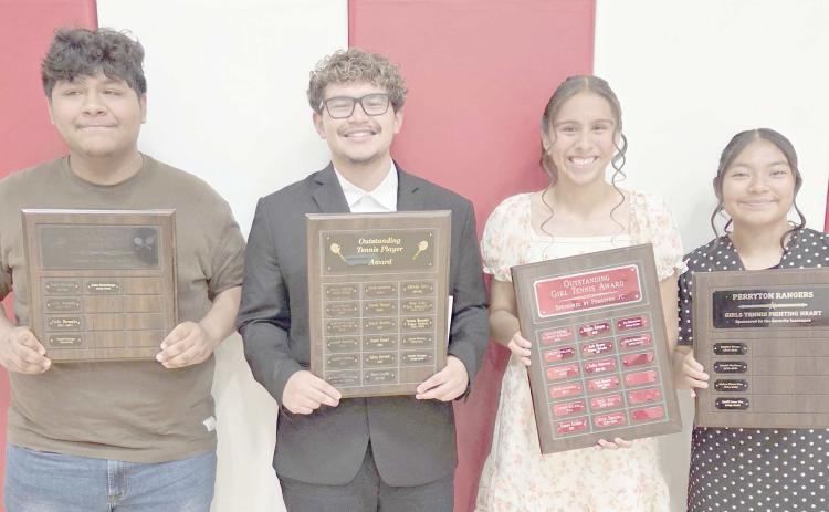 Perryton High School’s tennis teams were honored on May 4 at the Perryton High School All Sports Awards Banquet. Pictured are, from left: Aiden Montelongo, the recipient of the boys’ Fighting Heart Award; Daniel Tarango, who took home the boys’ Outstanding Boys Tennis Player award; Aliyah Hernandez, winner of the Outstanding Girls Tennis Player award; and Emili Ixtan Nas, recipient of the girls’ Fighting Heart award.