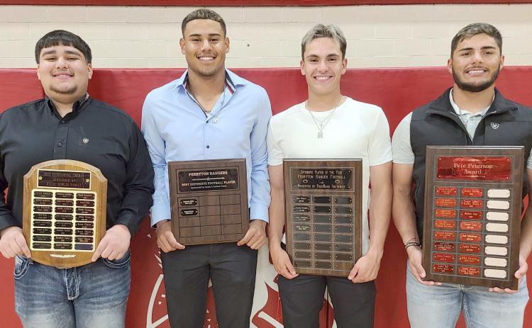 Perryton High School’s football team was recognized at the Perryton High School All Sports Awards Banquet. Pictured are, from left: Edgar Ramos, Best Football Lineman; Samuel Perez, Best Defensive Player; Julian Cervantes, Best Offensive Player; and Dalton L’Esperance, Pete Peterson Award. Not pictured is Rodolfo Delgado, who also received the Peter Peterson Award.