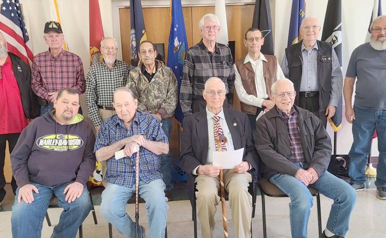 The Wolf Creek Chapter of the National Society Daughters of the American Revolution commemorated National Vietnam War Veterans Day on March 29 by recognizing and honoring local veterans of the Vietnam War during their regular meeting in March. Pictured are, from left, front row, Richard Cornelius, Larry Skinner, Bill Jarvis, and Senn Slemmons; and back row, Ken Schwalk, Danny Thurman, Arvel Wall, Charles Ludi, Bruce Roberson, Dan McDonald, Dempsey Malaney, and Freddie Bohannon.