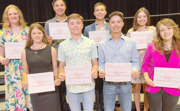 At the annual Perryton High School awards ceremony on Wednesday, May 1, students in each class were honored as the Best Citizens. Pictured are, from left, front row, freshmen Tana Williams and Cooper Schilling, and sophomores Jaxten Castanon and Jaelan Appelhans; back row, juniors Adlee Felix and Avaun Garcia, and seniors Carlos Hernandez and Breanna Castanon.