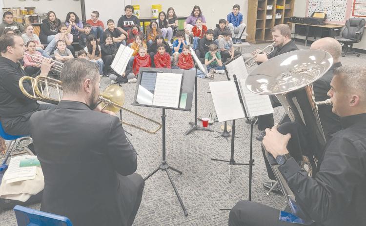 The Amarillo Symphony Brass Quintet visited Williams Intermediate School on Nov. 28 to perform for students in music classes and to answer questions about their instruments and other music-related topics. The quintet performed later that evening at the Perryton Junior High School Auditorium in a concert to benefit the Pathways Scholarship Program.
