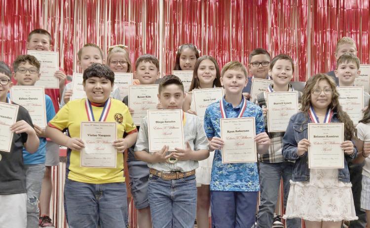 Fourth grade students receiving the Edwin F. Williams Award as the top students in the class were first row, Adrian Hernandez, Victor Vazquez, Diego Rosales, Ryan Roberson, Brianna Ramirez, and Aleah Martinez; second row, Ethan Garcia, Jeffery Hinshaw, Reece Kile, Zoey Leal, Darrell Lynch, Chase Manross, and Aleysa Ontiveros; and third row, Maverick Kerl, Kane Alvarez, Marlee Barnett, Daniella Becerril Hernandez, Ayden Cruz, Jax Cunningham, and Melanie Flores.