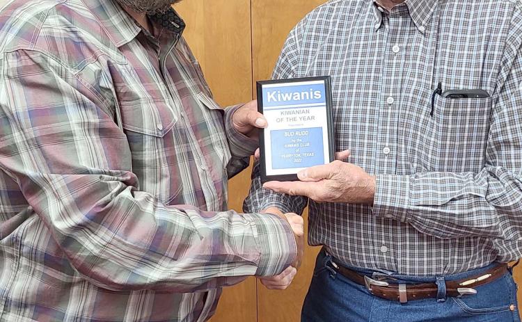 KIWANIAN OF THE YEAR— The Perryton Kiwanis Club recognized Budd Rudd as their Kiwanian of the Year for 2020 during their annual banquet on Tuesday evening. Pictured are, from left, Kiwanis president Chase Allison and Rudd.