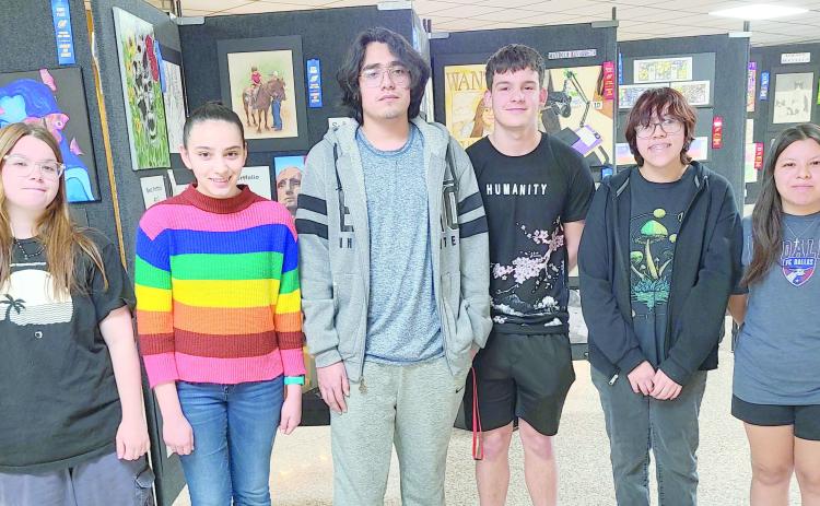 With Perryton High School’s annual art show open through May 15, art judges presented awards for the Best Portfolios in the show. Winners are, from left, Madison West (Art 4), Sadie Cummins (Art 2), Pedro Palacios (Art 3), Sean Newton (Photography 1), Milagros Espino (Art 1), and Emily Ochoa (Photography 2). Each portfolio winner received a $25 cash prize.