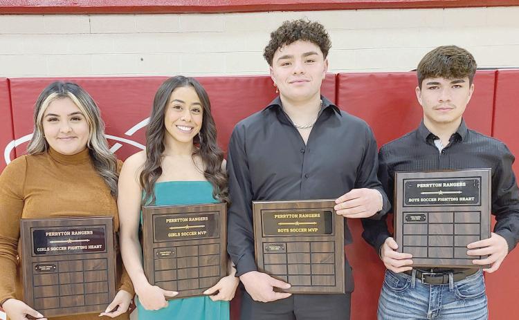 SOCCER TEAMS’ TOP PLAYERS HONORED— Perryton High School’s new soccer teams were honored at the annual Perryton High School All Sports Awards Banquet on May 1. Pictured are, from left, Dennise Gomez, girls team Fighting Heart award winner; Genesis Flores, girls team MVP; Stetson Garcia, boys team MVP; and Iram Castillo, boys team Fighting Heart award winner.