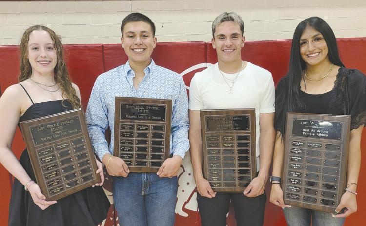 High school athletes were honored at the Perryton High School All Sports Awards Banquet on Monday evening. Students in every sport were recognized and honored by their coaches, with a number of awards presented. Among the top honorees were, from left, the school’s Best Student Athletes, Madelyn Schickedanz and Carlos Hernandez, and the Best All Around Athletes, Julian Cervantes and Analia Loera Cervantes.