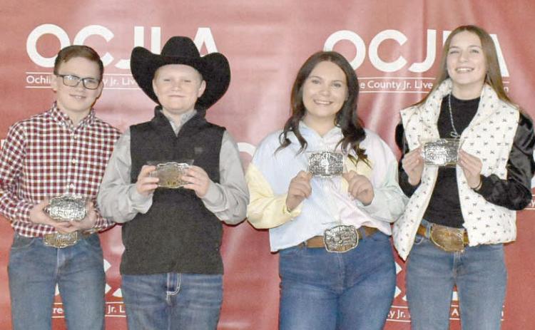 At the Ochiltree County Junior Livestock Show and Sale on Jan. 17-18, the Junior Reserve Showmanship Awards were presented to participating students. Pictured are, from left: Clay Oquin, Teaghan Morgan, Avery Swenhaugen, and Davanee Anderson. (Photo credit: Morgan Dudley)