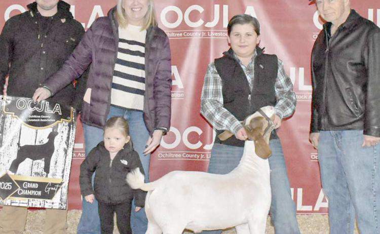 The award for Grand Champion Goat at the Ochiltree County Junior Livestock Show and Sale on Jan. 17-18 went to Graham Duvall. The animal was purchased by Panhandle First Bank. Pictured from left are Cameron Duvall, Cindy Duvall, Kollyns Duvall, Graham Duvall, and Bill Pittman. ( Photo credit: Morgan Dudley)