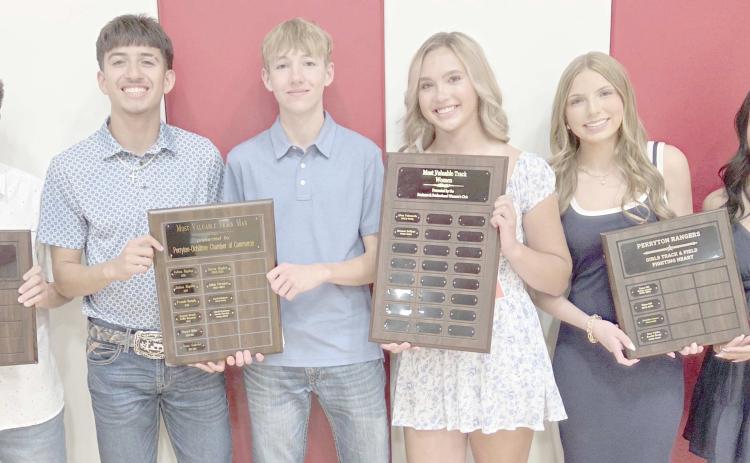 Perryton High School’s track team was honored on May 4 at the Perryton High School All Sports Awards Banquet. Pictured are, from left: Victor Sandoval, boys Fighting Heart winner; Aaron Trevizo and Jacob Erickson, boys MVPs; Summer Brillhart, girls MVP; and Kendyl Brady and Zoey Valdez, girls Fighting Heart winners.