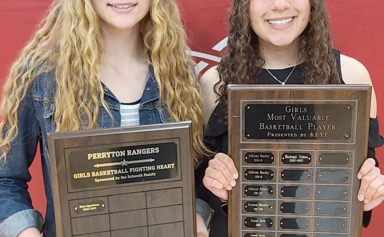 HONOREES IN GIRLS HOOPS— Perryton High School’s girls basketball team was honored on May 1 at the Perryton High School All Sports Awards Banquet. Pictured are, from left: Brya Appelhans, winner of the Fighting Heart award, and MVPs Mackenzi Stokes.
