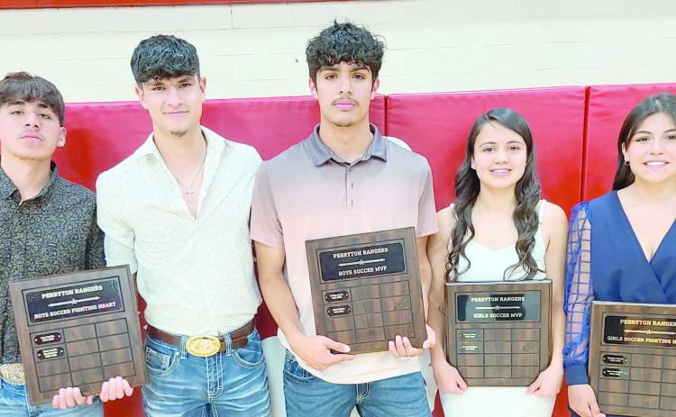 Perryton High School’s soccer teams were honored at the annual All Sports Awards Banquet. Pictured are, from left, Ryu Ramirez and Yahir Castillo, boys team Fighting Heart award winners; Aviel Montes, boys team MVP; Evelyn Rodriguez, girls team MVP; and Yeiri Rodriguez, girls team Fighting Heart award winner.