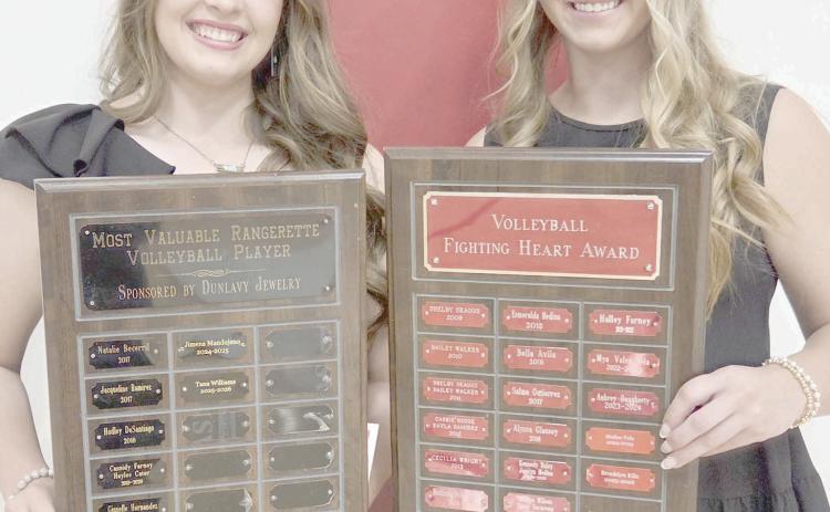 Perryton High School’s volleyball team was honored at the Perryton High School All Sports Awards Banquet. Pictured are, from left: Tana Williams, the team’s MVP, and Brooklyn Kile, winner of the Fighting Heart award.