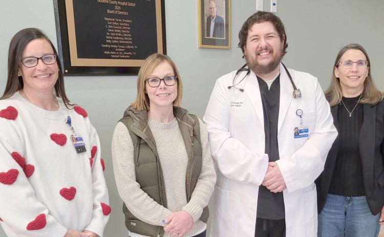 The Perryton Health Center recently welcomed two new providers to the clinic. Casey McGarraugh is a physician assistant, and Susan Childers is a nurse practitioner. Both grew up in Perryton and have returned to the city to be closer to family and improve healthcare in the community. Both are accepting new patients; appointments can be made by calling 806-- 435-7224. Pictured are, from left, Ochiltree Hospital District CEO Kelly Judice, Childers, McGarraugh, and hospital board member Lori Dollar.