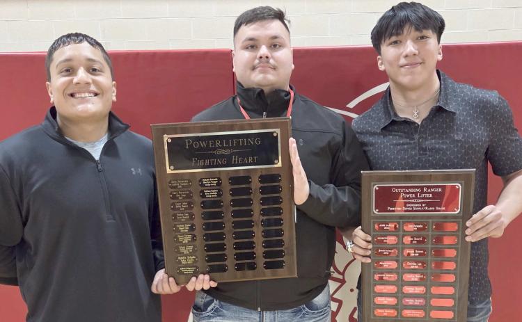 BOYS POWERLIFTERS WIN HONORS— Perryton High School’s boys powerlifting team was honored at the Perryton High School All Sports Awards Banquet. Pictured are, from left, Fabian Espino and Ever Andujo, who received the Fighting Heart award, and Javier Martinez, the Outstanding Powerlifter.
