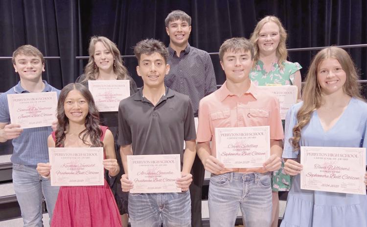 At the annual Perryton High School awards ceremony on May 13, students in each class were honored as the Best Citizens. Pictured are, from left, front row, freshmen Kayman Vanosdol and Abraham Gonzalez, and sophomores Cooper Schilling and Tana Williams; and back row, juniors Samuel DeSantiago and Jaelan Appelhans, and seniors Avaun Garcia and Adlee Felix.