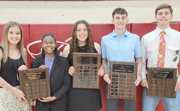 PHS TRACK STARS BRING HOME AWARDS— Perryton High School’s track team was honored on Moay 1 at the Perryton High School All Sports Awards Banquet. Pictured are, from left, Kelsie Lossie and Tiana Hill, girls Fighting Heart award winners; Mackenzi Stokes, girls team MVP; Daxton Rigdon, boys team MVP; and Tad Pshigoda, boys Fighting Heart award winner.