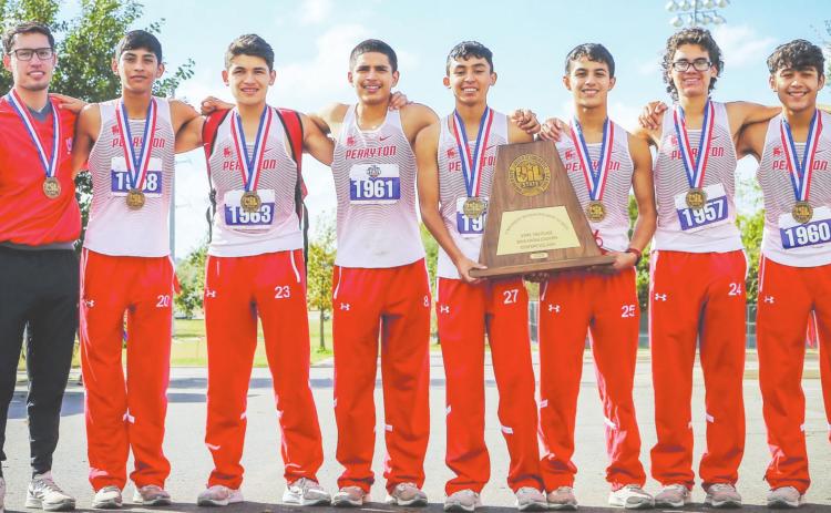 TAKE THIRD AT STATE The Ranger cross country team earned a third place finish at the state meet last week in Round Rock. Pictured, from left, are Coach Ulises Lopez and team members, Eduardo Castillo, Alejandro Uribe, Jorge Palma, Julian Rivero, Adrian Ceniceros, Jonathan Alaniz and Javier Ledezma.