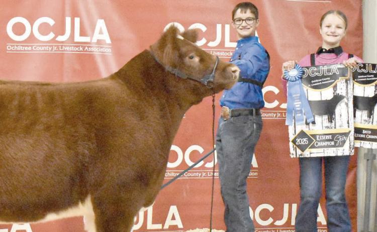 At the Ochiltree County Junior Livestock Show and Sale on Jan. 17-18, Jake Schickedanz took home the award for Reserve Grand Champion Steer. Pictured are, from left, Jake Schickedanz and Sydney Schickedanz. ( Photo credit: Morgan Dudley)