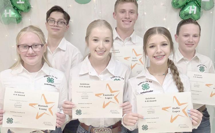 4-H AMBASSADORS— Ochiltree County 4-H recently elected their new Ambassadors for 2025-2026. 4-H Ambassadors help promote Ochiltree 4-H in the community, through a number of events and projects, including the Wheatheart Celebration parade, Family Fun Nights, 4-H recruitment nights, the County Livestock Show and Sale, and more. Pictured are, from left, front row: Hannah Young, Emmalee Lopez, and Hallie Lopez; back row: Lou Tarango, Kyle Oquin, and Clay Oquin.