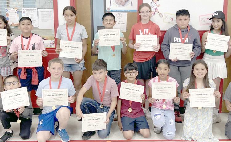 Williams Intermediate School students who were recognized for perfect attendance during the school year were, first row, from left, Emma Miller, Eden Olvera, Jeffery Hinshaw, Ethan Flores, Sahavit Bautista, Daniela Becerril, Sofia Banda, Miguel Becerril, and Brody Carreon; and second row, Zoey Williams, Tahtyana Westfall, Gael Vera, Jaquelin Pedraza, Nathan Olvera, Jenna McElroy, Moises Marquez, Sofia Hernandez, and Iker Escobar.