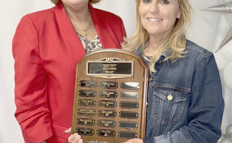 This year’s Excellence in Education Award, presented during the annual awards ceremony at Perryton High School on Tuesday, May 13, was presented to two teachers from the high school. They are, from left, PHS art teacher Shawn Tevis and school librarian Cynthia Boxwell.