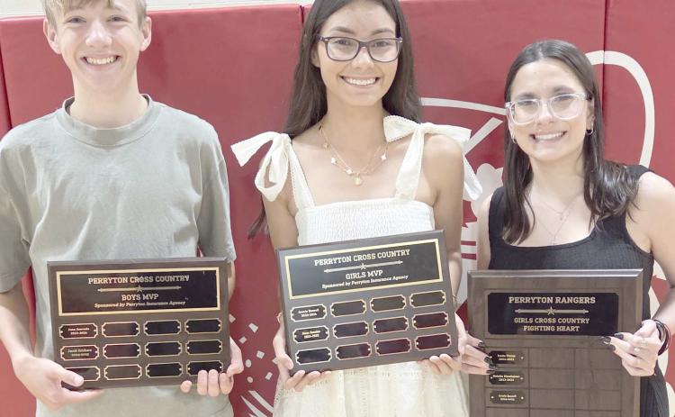 Perryton High School’s cross country teams were honored at the Perryton High School All Sports Awards Banquet. Pictured are, from left: boys MVP Jacob Erickson; girls MVP Alexa Rosales; and girls Fighting Heart award winner Averie Russell. Not pictured is boys Fighting Heart award winner Angel Ramirez.