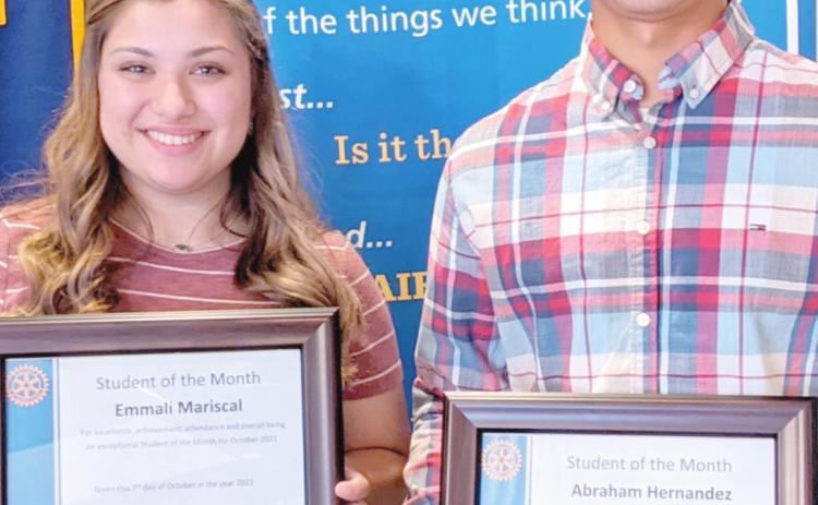 OCTOBER STUDENTS OF MONTH—Perryton High School seniors Emmali Mariscal and Abraham Hernandez were honored as the October Students of the Month by the Perryton Rotary Club. They, along with their parents, were special guests at the club’s meeting Oct. 7.