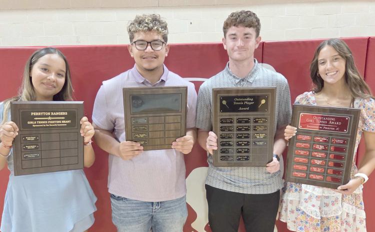 TENNIS HONOREES AT SPORTS AWARDS BANQUET— Perryton High School’s tennis teams were honored at the Perryton High School All Sports Awards Banquet. Pictured are, from left: Mairyn Flores Sosa, the recipient of the girls’ Fighting Heart Award; Daniel Tarango, who took home the boys’ Fighting Heart Award; Conner Kitchens, winner of the Outstanding Boys Tennis Player award; and Liv Eisenman, recipient of the Outstanding Girls Tennis Player award.